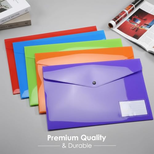 Image of Shuban A4 Plastic File Folder Document Organizer, Plastic File Holder with Snap Button, Waterproof Certificate Folder for Office, School, Home (Style-1-Plain Folder - 5 Pcs -Multi Color)