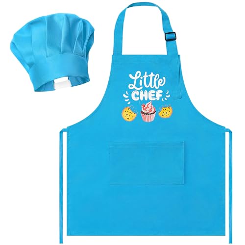 R HORSE 2Pcs Kid Apron And Chef Hat Set, Small Size Adjustable Children Blue Kitchen Apron Cooking Baking Painting and Training Kits Dress up Role Play Chef Toy Kid Funny Cooking Gift Birthday Gift