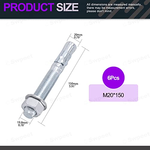 Swpeet 6Pcs 3/4" X 6" Zinc Plated Heavy Duty Wedge Anchor Assortment Kit, Carbon Steel Screws And Lag Bolts Wedge Anchor Fastener Perfect For Cement And Concrete Structural Anchorage Only #TOP1