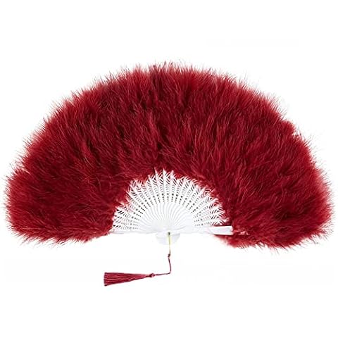 SHTGOI Wachlarz z piór w stylu vintage, składany wachlarz ręczny z frędzlami, elegancki wachlarz do tańca, damski, składany wachlarz na imprezę tematyczną, wesele, bal absolwentów, czerwone wino