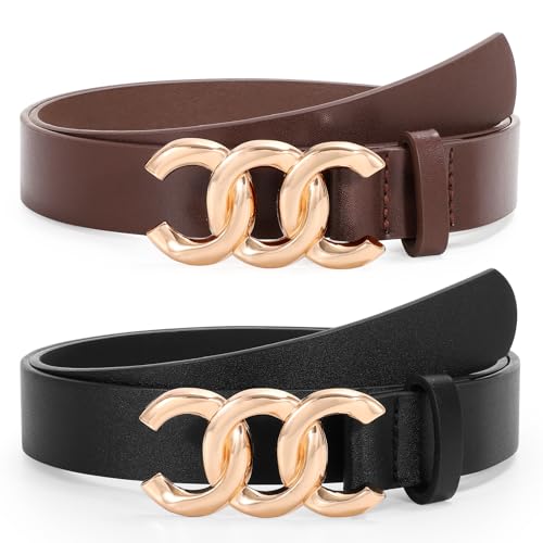 Women Leather Belts for Jeans Pants, Fashion Gold Buckle Ladies Leather Dress Belt,E-Beige+Black(Silver Buckle