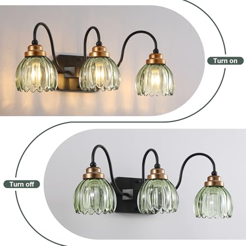 Image of Vintage Gold Bathroom Light Fixtures,3 Light Green Tulip Crystal | Brushed Gold Vanity Lights,Matte Antique Brass Finish, Mid Century Style,Wall Sconces for Bedroom,Hallway,Easy to Install