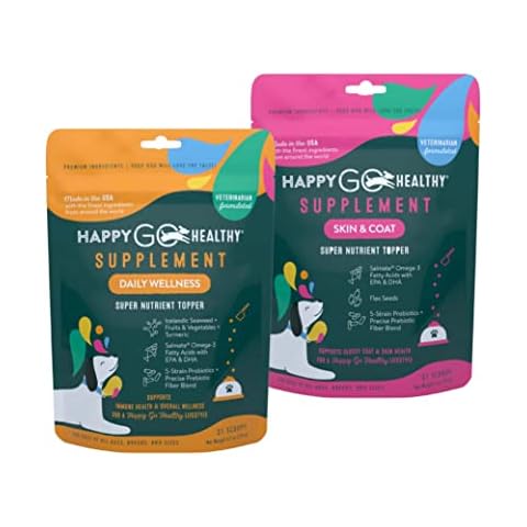 Happy Go Healthy Daily Wellness + Skin & Coat Bundle Supplements for Dogs - Probiotic & Prebiotic Benefits with Omega-3s | 2 x 21 Count Bags Cover