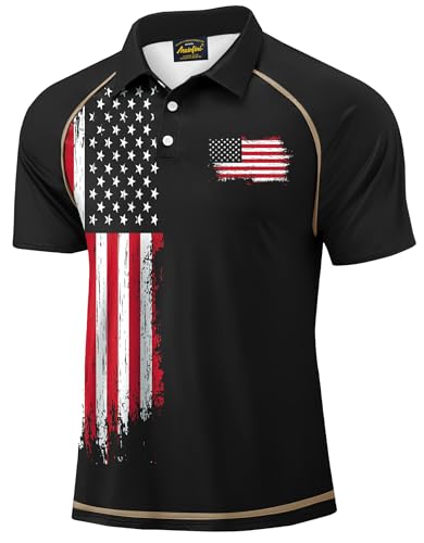 Mainfini Men's American Polo Shirt Distressed Independence Day Golf Shirts 4th of July 1776 Merica Stripes Stars Wicking Polo Black XL