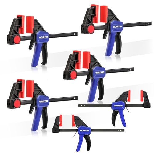 Image of WORKPRO Mini Bar Clamps for Woodworking, 6PC One-Handed Spreader /Bar Clamp, 6-Inch (4) Light-Duty Quick-Change Wood Clamps Set and 6-Inch (2) Mini F Clamp, 150 lbs&50 lbs