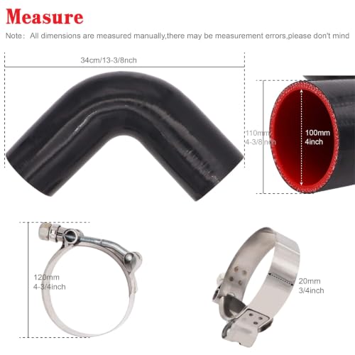 Image of 90 Degree Elbow Coupler Silicone Hose 4-Ply 4-inch for Turbo /Intercooler /Intake Piping,Length 120mm Thickness 5mm with T-Bolt Clamp