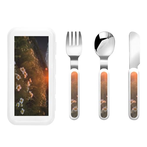 Stainless Steel Kids Silverware Set, Sunset And Flowers Utensil Set Reusable Children Safe Knife Spoon Fork Set With Storage Case Dishwasher Safe For Lunch, Travel Outdoors