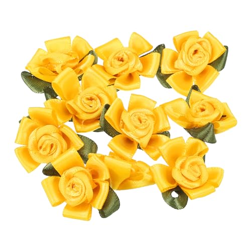 PATIKIL Mini Rose di Nastro di Raso, 10 Pezzi di Piccole Rose di Tessuto con Foglie Verdi per Progetti di Artigianato, Decorazioni, Applicazioni, Giallo