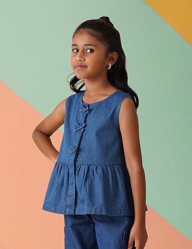 Image of Amazon Brand - Symbol Girl's Solid Denim Relaxed Fit Woven Crop Top