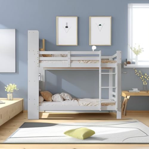 Bgsryao Lit superposé Blanc 90 x 200 cm avec étagères et échelle 3 Niveaux, sommier en Bois Massif avec sommier Rangement