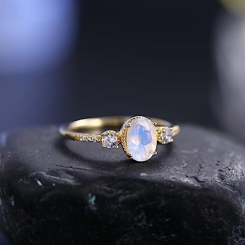 Gem's Beauty Gold Rings for Women 14K Gold/Rose Gold Plated 925 Sterling Silver Natural Moonstone Jewelry Women Wedding Engagement Rings Birthday Gifts for Her (Size5-10)3