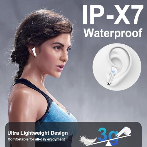 Image of Wireless Earbuds, Bluetooth Headphones, Stereo Bass Ear Buds with ENC Noise Cancelling Mics,42H Bluetooth Earbuds with LED Display Charging Case, IP7 Waterproof Earphones for Android iOS /Glass white