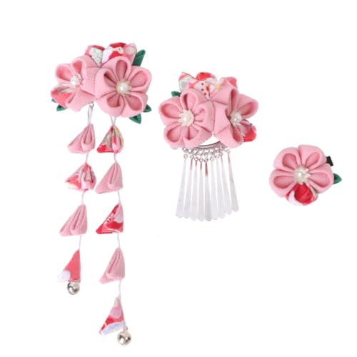 Lurrose clips para el cabello japoneses estilo kimono con flores, set de 3 piezas rosa metálico para mujer miniatura 1