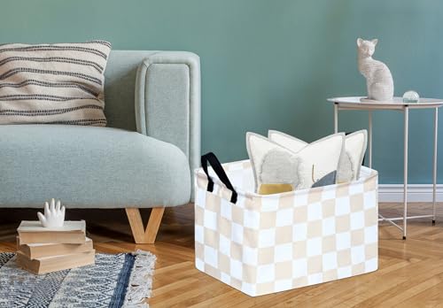 Image of MAIZMZ Beige Check Storage Basket Baby Toys Organizer Bins Decorative Gifts Bakset Waterproof Nursery Hamper Women Storage Cube Kids Laundry Basket for Home /Dorm /Kitchen /Pet /Office /Closet /Shelf /