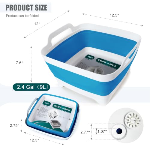 Image of FOSJGO Collapsible Dish Basin with Drain Plug, 2.4 Gal (9L) Space-Saving Foldable Sink, Wash Basin for Kitchen, Baby Bottles, Vegetable Washing, Camping, RV and Party Beverage Tubs (Sky Blue)