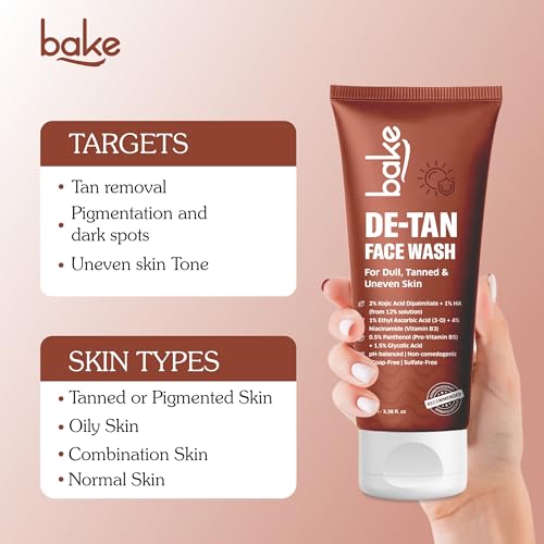 Image of BAKE De-Tan Face Wash with 2% Kojic Acid ,Niacinamide &Glycolic Acid | Brightening Face Wash for Tan Removal, Pigmentation & Dark Spots | Evens Skin Tone & Boosts Glow | Anti Pigmentation Daily Wash - 100ml