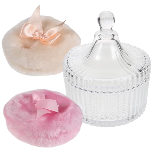Cabilock Houppette De Beauté Bébé Peluche 2 Pièces 90×30 Mm Beige Et Rose Applicateur De Poudre Visage Boîte En Verre Rangement Pour Soin Bébé Délicat