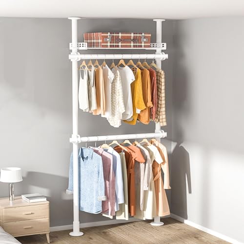 Percha de ropa ajustable con ganchos para zapatos y estante de almacenamiento, barra de tensión telescópica para sala de estar y dormitorio, perchero que ahorra espacio para nización