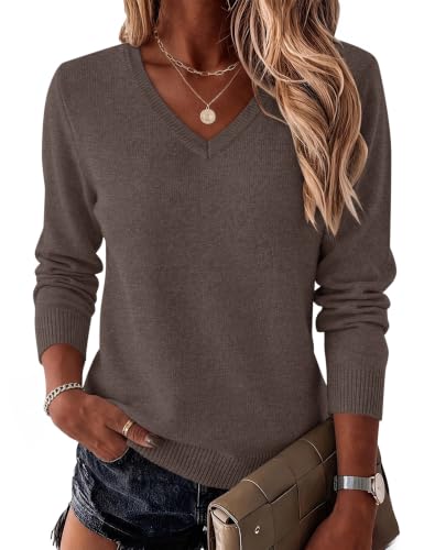 LOMON Women Wool Blend Sweaters V Neck Long Sleeve Knit Pullover Top Coffee
