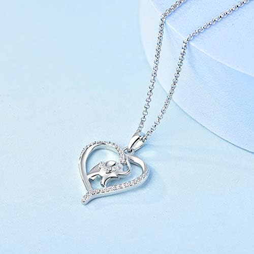 JO WISDOM Women Elephant in Heart Necklace,925 Sterling Silver Lucky Animal Amulet Pendant Necklace with 3A Cubic Zirconia with White Gold Plated