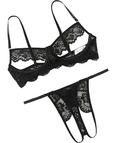 Avidlove Sexy Floral Lace Cutout Lingerie Set for Women Bra Panty 2 Piece Sheer Lingerie Set Outfits Black Medium