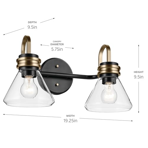 Image of Kichler Farum 19.25 inch 2-Light Bathroom Vanity Light Fixture with Clear Glass in Black, Modern Wall Mount Light for Vanity Mirror Over Sink (19.25 inch W x 9.5 inch H), 55154BKCLR
