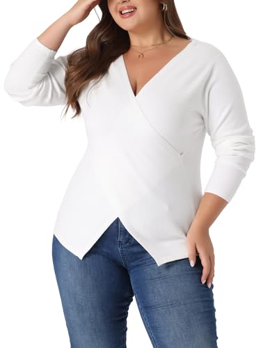 Image of Agnes Orinda Plus Size Knit Tops for Women Wrap V Neck Criss Cross Long Sleeve Asymmetrical Sweater