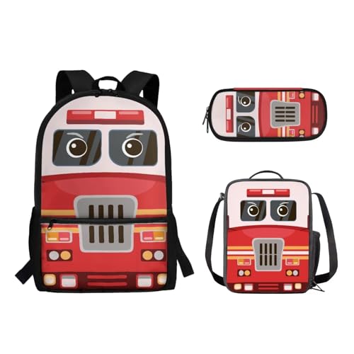 Pzuqiu Cartoon Fire Truck School Backpack 3PCS Set for Teens Kids Large Capacity Backpack with Lunch Bag & Pencil Case for Elementary Primary Middle Students Go to School Gift