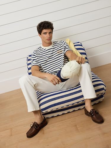 SILBON Camiseta Raya Media Azul Marino Manga Corta para Hombre Talla S