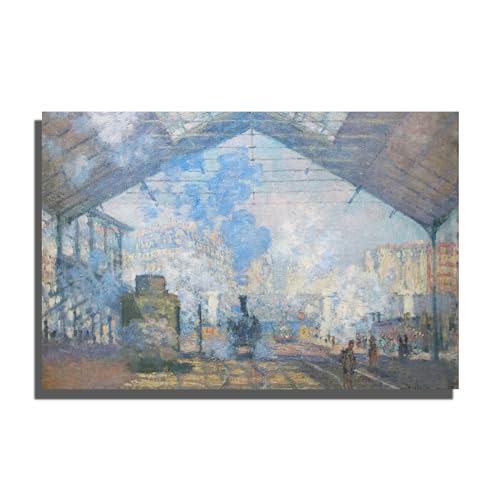 OKRA Claude Monet Canvas Wall Art - Saint Lazare Train Station home decor - Famous Historical Illustrations - Classic Impressionist Medieval Landscape Paintings - Bathroom Decor - Unframed