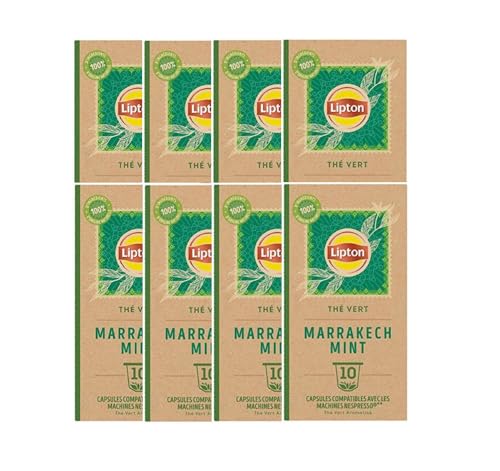 Lipton Thé Vert Marrakech Mint, 80 Capsules Compatibles Nespresso, Antioxydant et Parfumé, Menthe Fraîche et Délicate, Label Rainforest Alliance, 8x10 Capsules