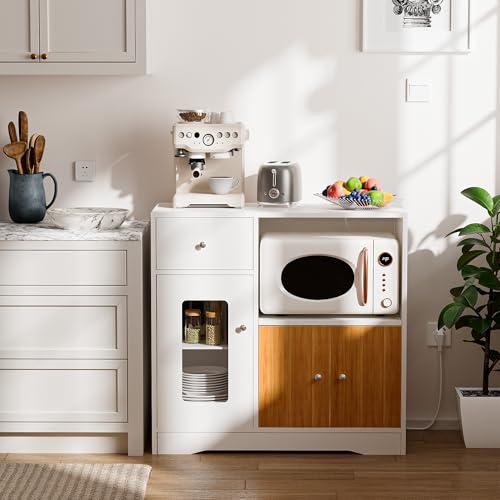 Armario de cocina con estante para microondas, armario de cocina con encimera con enchufe 2 AC 2 USB, aparador de cocina con 1 cajones, armario de almacenamiento con luz para comedor 83 x 40 x 80 cm - imagen 4