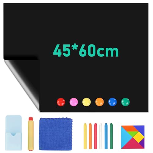 Tafelfolie Magnetisch Selbstklebend, 45x60cm Tafelfolie Selbstklebend, mit Kreide, Lappen, Magnetknöpfen, Puzzlen, Abwischbar Kreidefolie für Haus Büro Schule （Schwarz ）