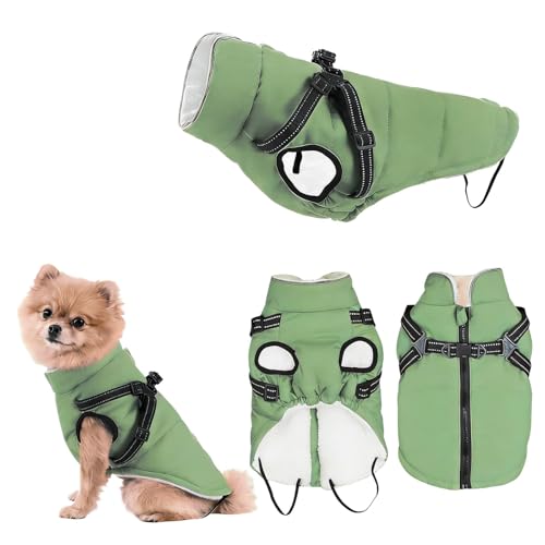Manteau pour Chien Hiver Petite Taille, ZoneYan Imperméable Manteau Chien avec Harnais Réfléchissants et Réglable, Veste Chauds Chiens Vêtements, Gilet de Protection Contre pour Chiot (Vert Clair, S)