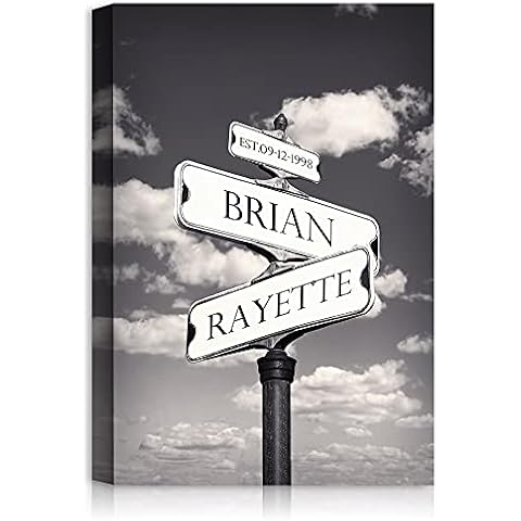 A&T ARTWORK Street Sign Black and White Canvas Prints Gift Your Names,the Date and romantic verses or write your own message Gift for Anniversary,Valentine's day,Wedding. 12X18 inches Cover