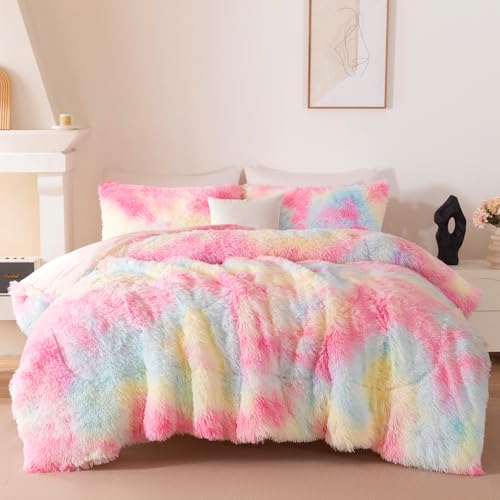 Image of Faux Fur Fluffy King Comforter Set Plush Shaggy Furry Bedding Set - Soft Warm Rainbow Tie Dye Quilt Set, 3 Pieces (Rainbow, King)