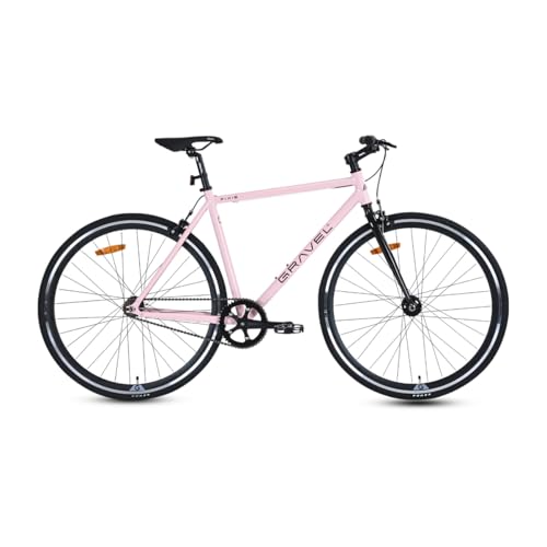 GRAVEL | Bicicleta Urbana Fixie R700c Clásica | Bici con Plato 46T y Piñón 17T | Robusta y Segura con Frenos V | Cubiertas Kenda 700C*28C | Ideal para Ruta y Ciudad (Rosa, M)