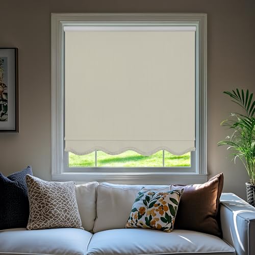 CHICOLOGY Blackout Custom Roller Shades, Cordless Blinds, Window Shades for Home, Roller Window Shades,Window Treatments, Door Blinds, Blackout Shades, Ivory Textured (Fringe), 33.75
