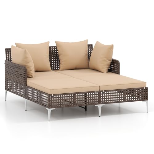 RELAX4LIFE Patio Outdoor Daybed, Wicker Rattan Double Chaise Lounger w/Soft Cushions & 4 Pillows...