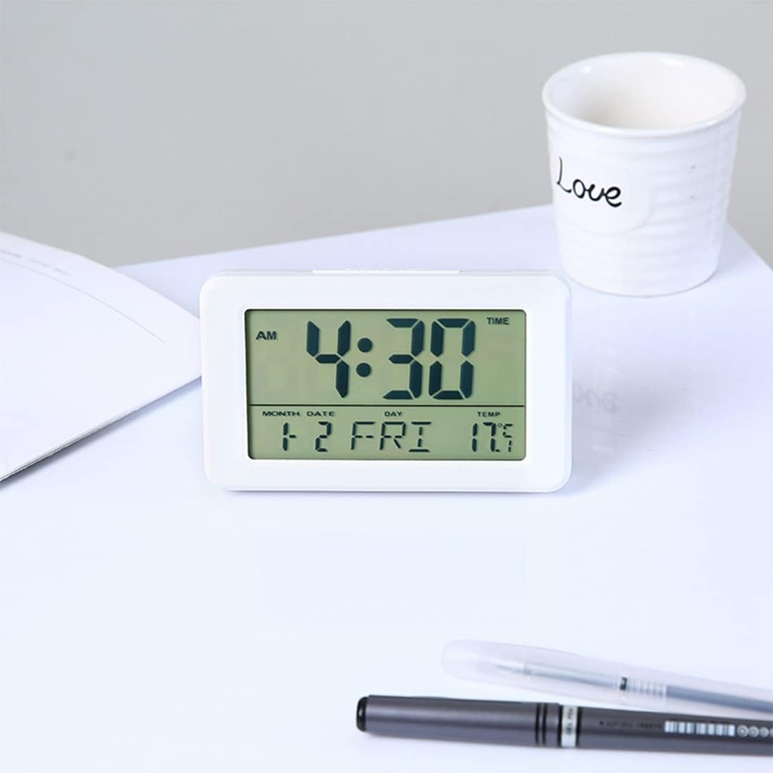 3-in-1 Digital Clocks Wall Clock, Wall Timer, LCD Temperature and Humidity Display Clock Portable with Backlight White