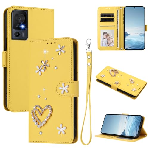 Jiajihua Case Compatible with TCL 40 SE Lanyard【Card Holder Wallet Flip Cover Magnetic Buckle Kickstand】 Yellow