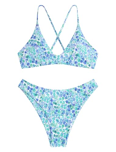 Image of ZAFUL Women's Tie Back Padded High Cut Bralette Bikini Set Two Piece Swimsuit