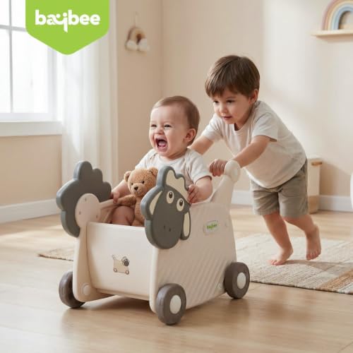 Image of Baybee 2 in 1 Push Walker with Shopping Cart for Kids | Smooth Rolling Wheels, Rounded Edges, WideToy Storage Organizer | Walking Support for Baby Boys & Girls 0-3 Years (White & Grey)