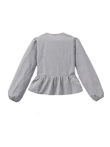 Floerns Girl's Cute Plaid Bishop Sleeve Peplum Top Bow Tie Ruffle Hem Gingham Blouses3