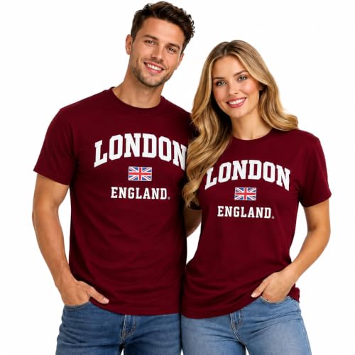 Unisex London England Applique Embroidery T-Shirt | Premium Cotton Tee with Union Jack Patch | 4 Colors | Sizes XS-4XL (UK Alpha XXL Regular Regular Maroon)