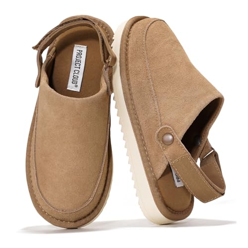 Project Cloud Kids Clogs Genuine Leather with Back Strap - Memory Foam & Lightweight Slip-on Boys and Girls Sandals Adjustable Straps & Non-Slip Clogs for Kids Sandals(LilGoldstar,CHSTNUTSUED,11)