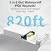 TIENFOKOTA Outdoor PoE Gigabit Extender,1 in 2 Out Waterproof POE Repeater,802.3af/at,Extends Up to 250m（820ft） Ideal for IP Cameras & Outdoor Networks,Wall Mount Plug & Play (1+2 Port)