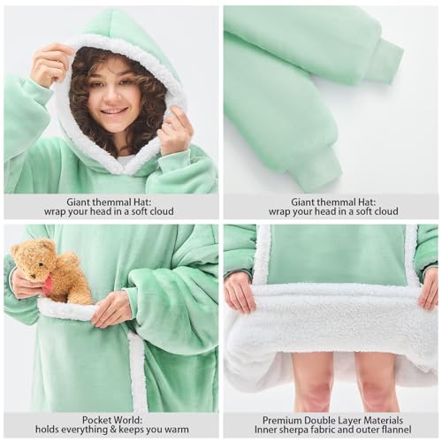 JOYWOO Green Oversized Wearable Blanket Hoodie, Cat lovers Long Hoodie Blanket for Adult,Birthday Gifts for Women Men Mom,Cozy Sherpa Hooded Blanket Giant Pocket Winter Gifts,Sage green Oversize