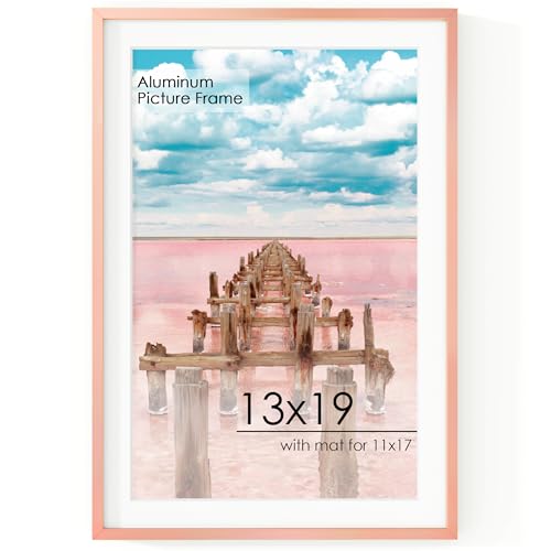 13x19 Metal Picture Frame for Wall With Mat for 11x17, 13''x19'' Aluminum Photo Frames With Tempered Glass for Home Decor, Minimalist Modern Poster Frame Horizontal And Vertical Formats, Rose Gold
