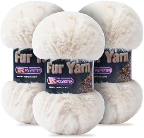 Faux Fur Yarn Soft Fluffy for Crocheting - 3 Skeins(Each 3.5oz/100g, 71yd/65m) - Chunky & Fluffy Yarn for Crochet Amigurumi, Blankets, Hand Knitting, Scarves &Crafts (3, Beige)